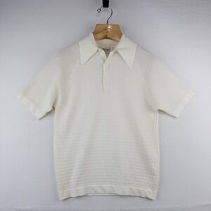 70's Vtg Donegal Colesta Men's M Cream Ivory Textured Polo Shirt Dagger Collar